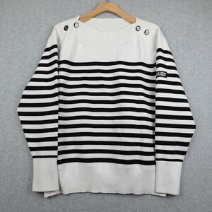 Karl Lagerfeld Paris Sweater Womens XL White Black Striped Button Shoulder Patch